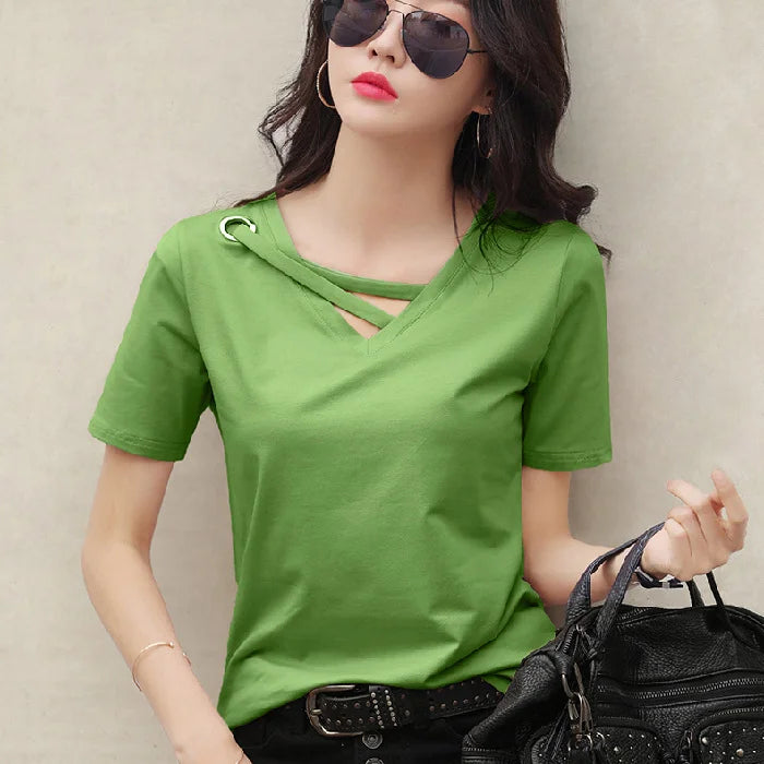 Women Short Sleeve Heart-neck T-shirt™ Half-sleeve Loose Tops
