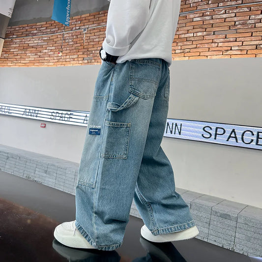 Boys Cargo Jeans™ Teenage Wide Leg Denim Loose Pockets Pants