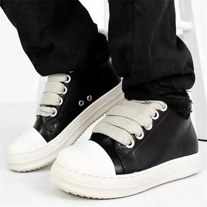 Women's Platform Sneakers™ Black Leather Zipper Lace Up Casual Shoes