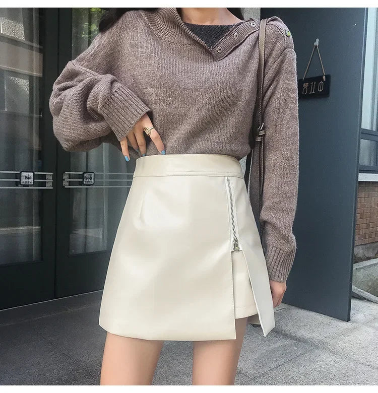 Women's Mini Dress™ Fashionable Zippered Pu Leather Slimming High-waisted A- line Skirt