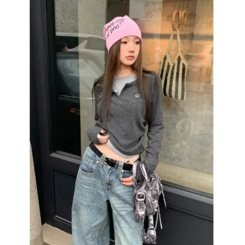 Women's T-Shirt™ Long Sleeves Korean Fashion Style O-neck Fake two items T-shirt
