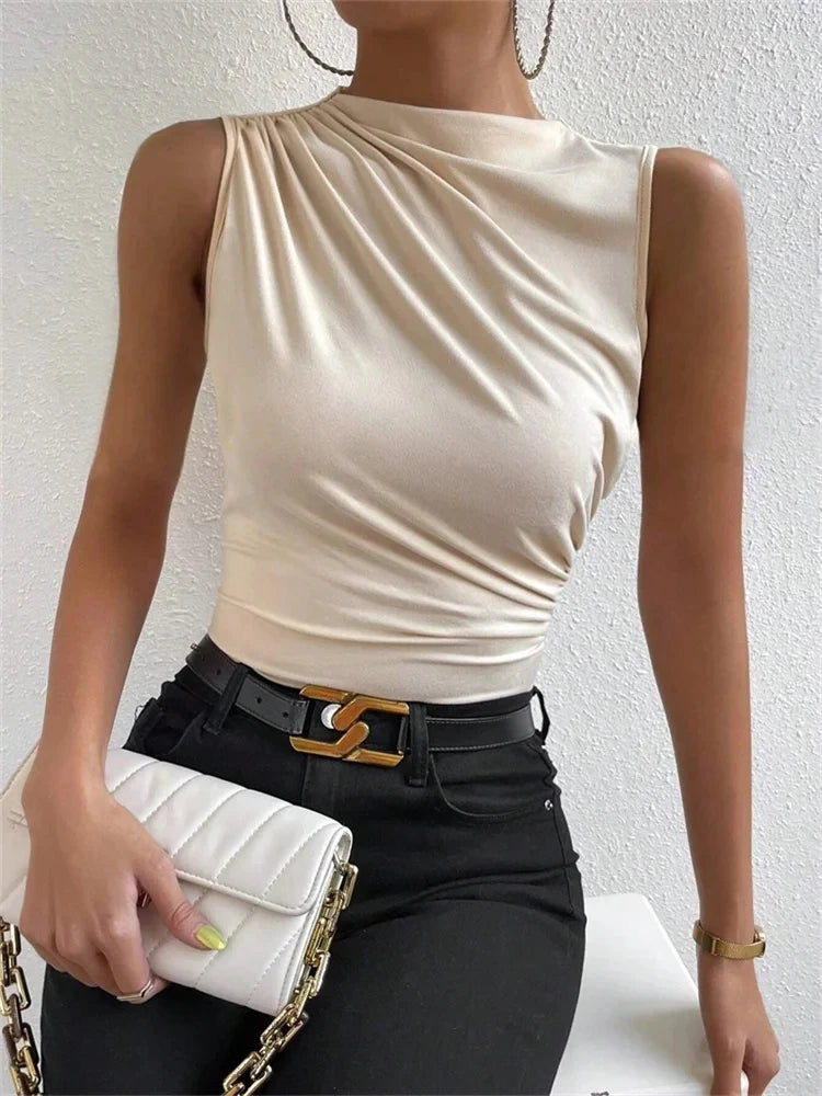 Women's Casual Mock Neck Tank Tops™ Solid Color Slim Fit Pleated Sleeveless T Shirt