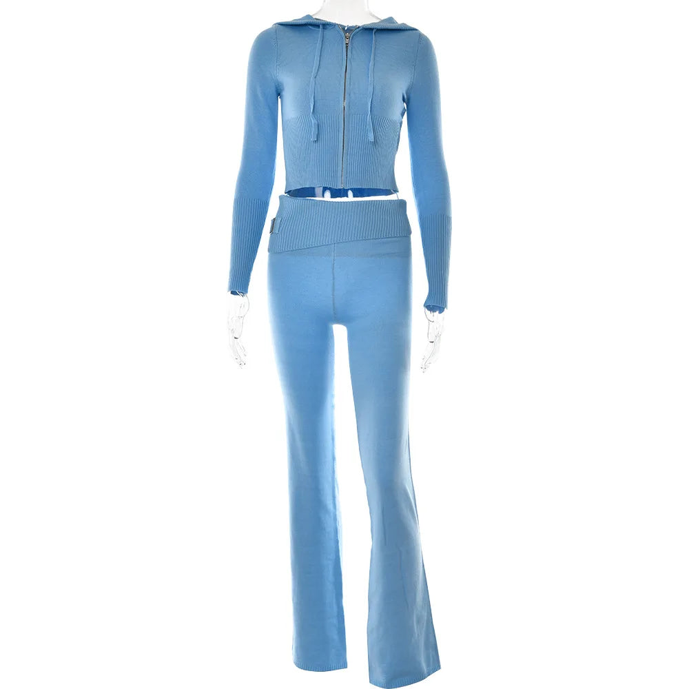 Women's Knitted Tracksuit™ Long Sleeve Zipper Hooded Sweater Crop Top Flare Pants Stretch Matching Suit Outfit