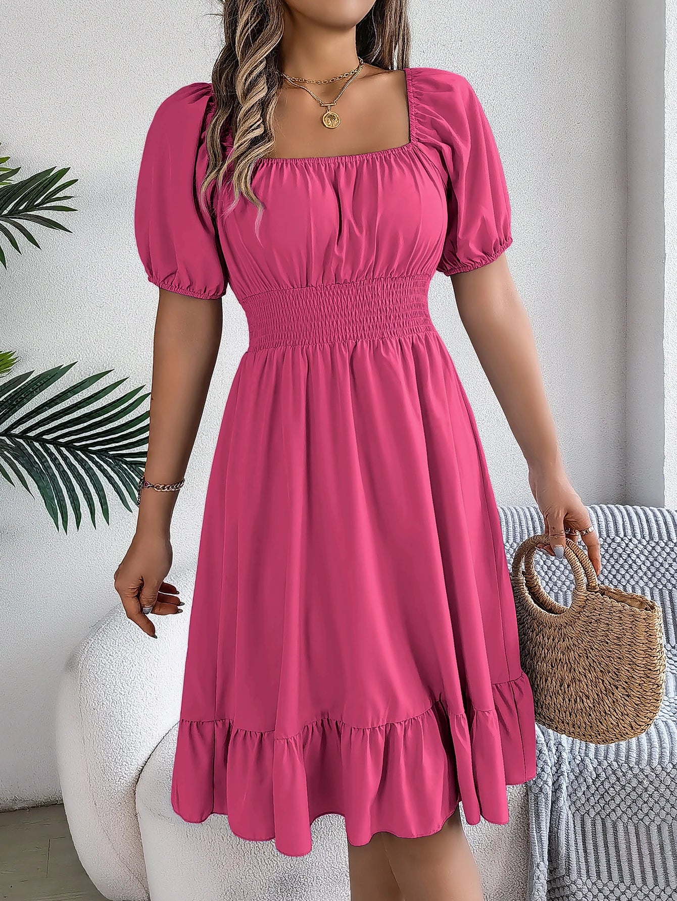 Women's Solid Puff Sleeve Square Neck Dress™ Ruched Bust Ruffle Hem Waist Dress,