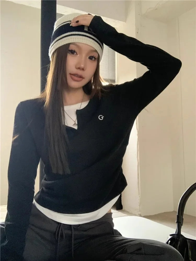 Women's T-Shirt™ Long Sleeves Korean Fashion Style O-neck Fake two items T-shirt