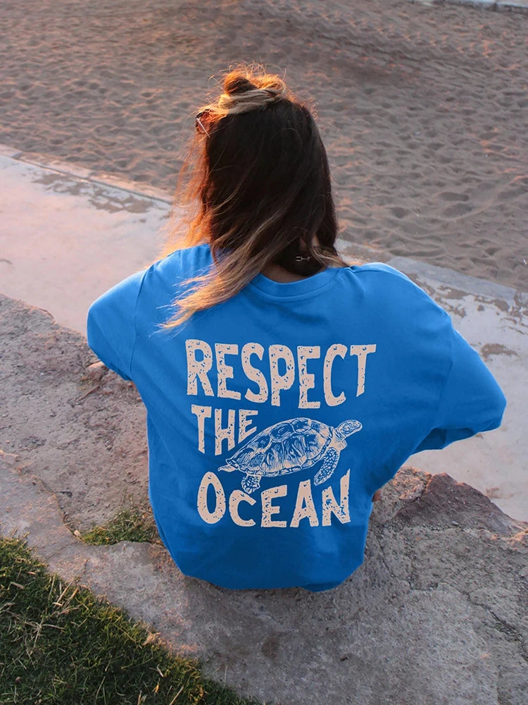 Respect The Ocean Green Turtle Printed Women's T-shirts™ Short Sleeve O-Neck T-shirts