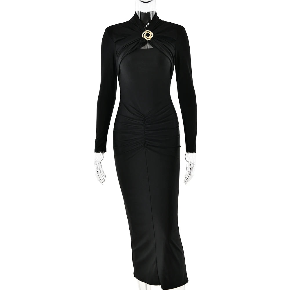 Women's Articat Tight Long Dress™ Elegant Long Sleeved Elastic Bodycon Pleated Hollowed Out Slim Dress