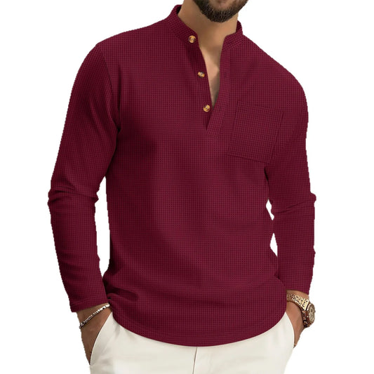 Men's casual waffle check long-sleeved shirt™ stand-up collar button semi-cardigan
