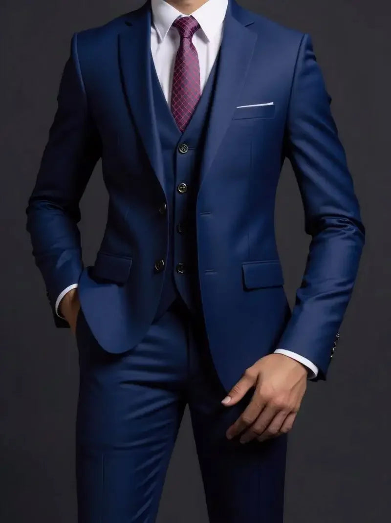 Men's Suit (Blazer+ Vest + Trousers) British Style Solid-color Suit