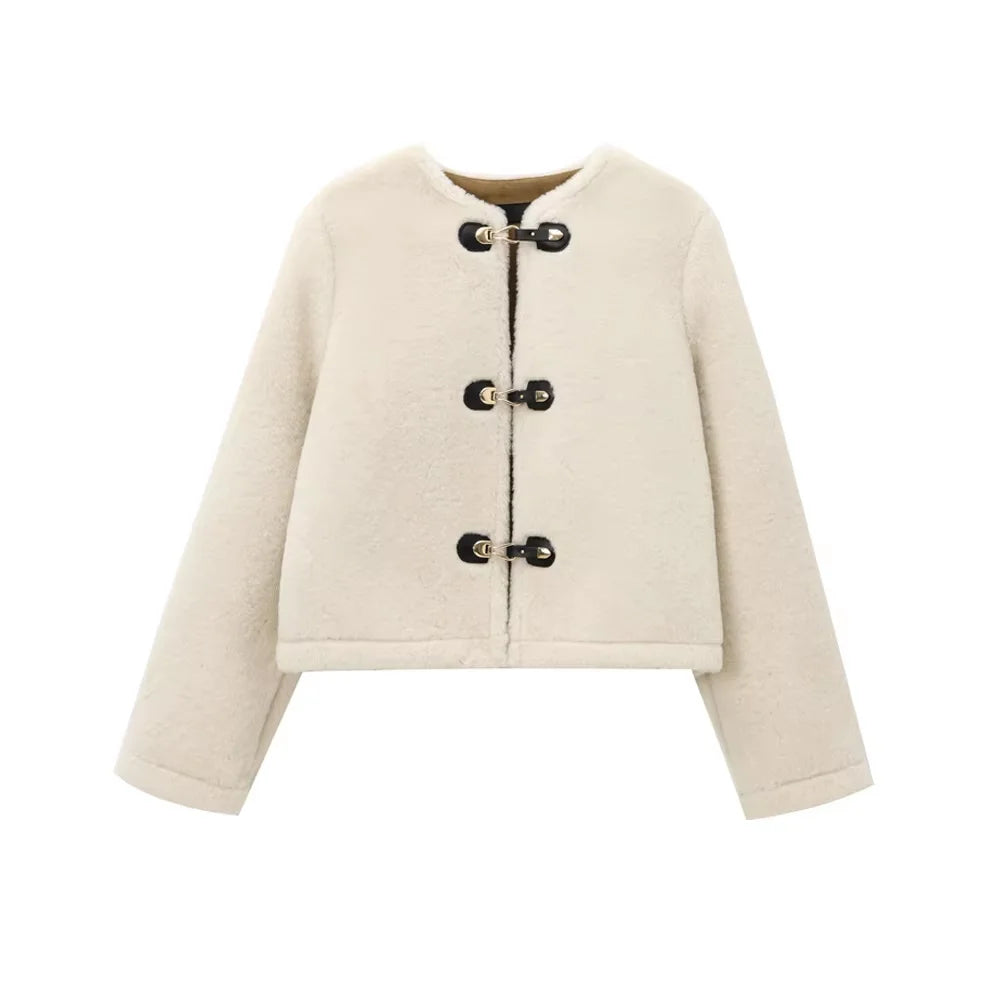 Women's Thick Warm Faux Fur Jacket™ TRAF Long Sleeve Coat, Front Toggle Coat