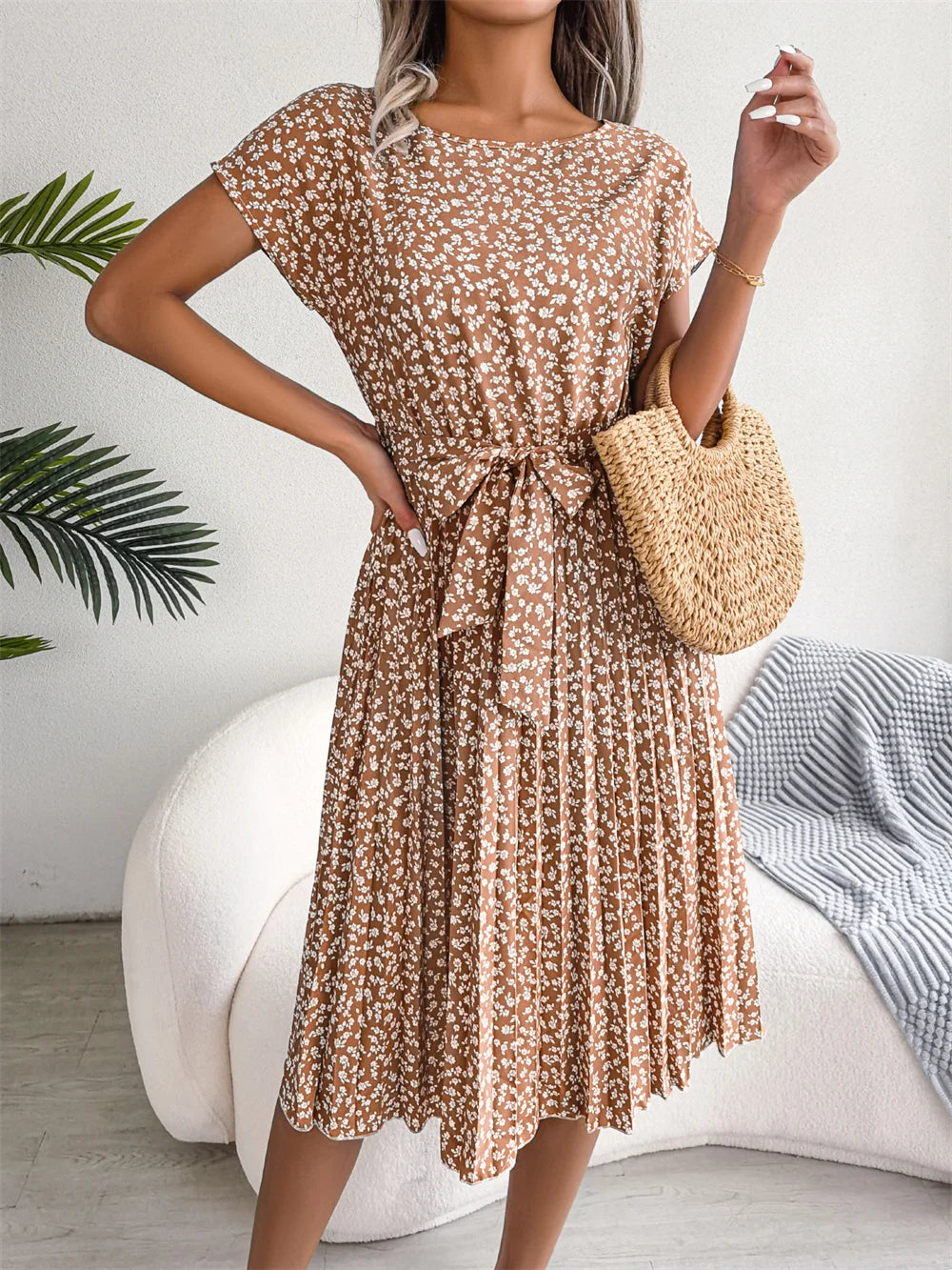 Women Dresses™ Spring Summer Short Sleeve High Waist Floral Pleated A Line Long Dress