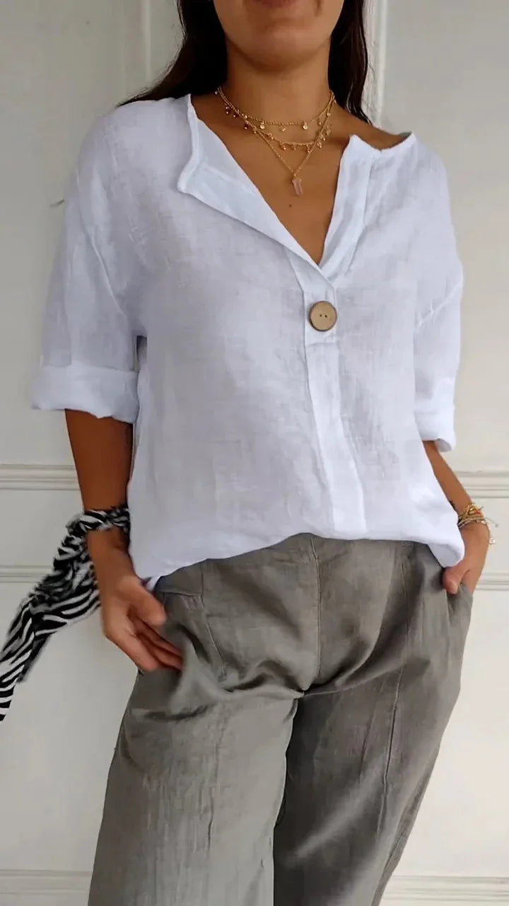 Women's Summer loose T-shirt™ V-neck cotton and linen button tops