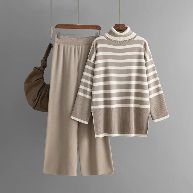 Women's Suits™ SINGREINY Striped Turtleneck Sweater High Waist Wide Leg Pants Knitted Loose Suits