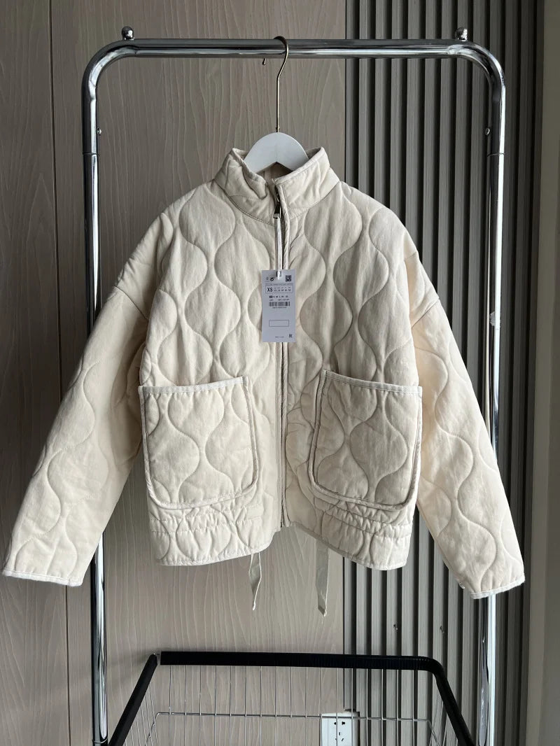 ZW Women's Cotton Jacket™ Traf New Arrival Vintage Lensing Rayon High Collar Large Pocket Quilted Coat