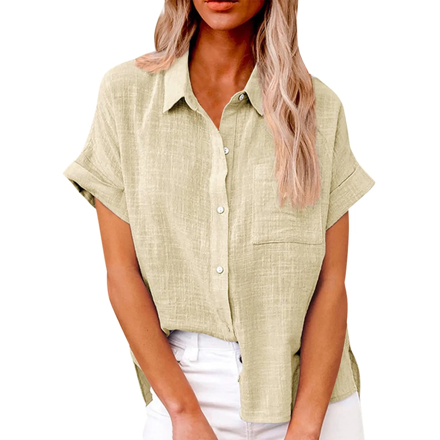 Women's  Cotton Linen Classic Shirts™ Short Sleeve Lapel Button Down Shirt