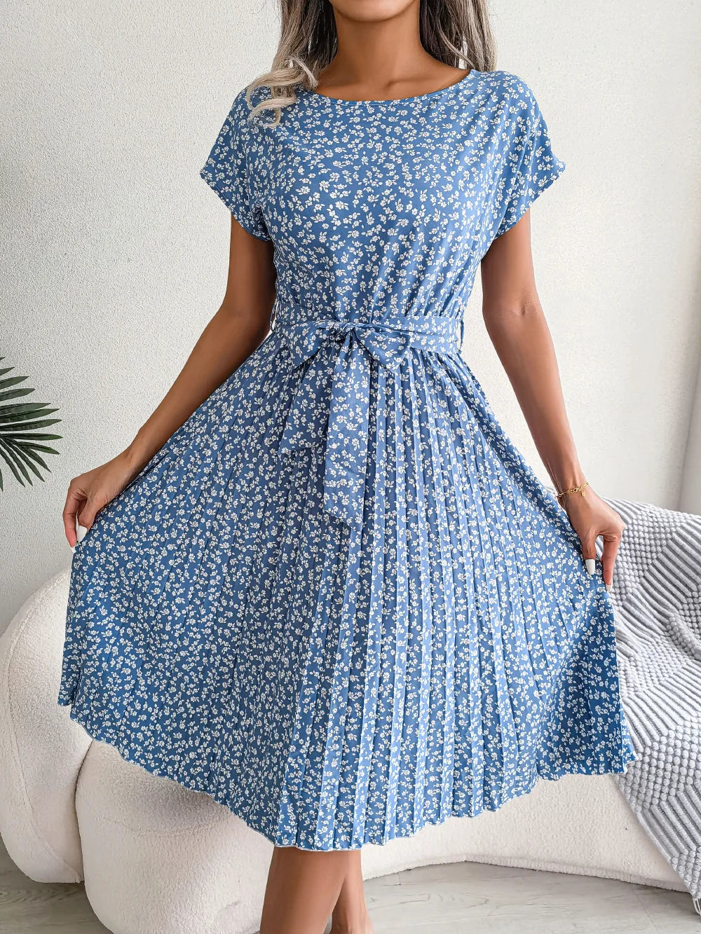 Women Dresses™ Spring Summer Short Sleeve High Waist Floral Pleated A Line Long Dress