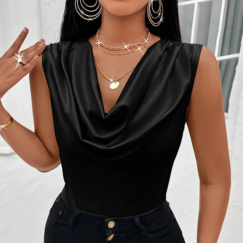 Women's Silk-Like Satin Tank Tops™ Strappy Cowl Neck T-Shirts