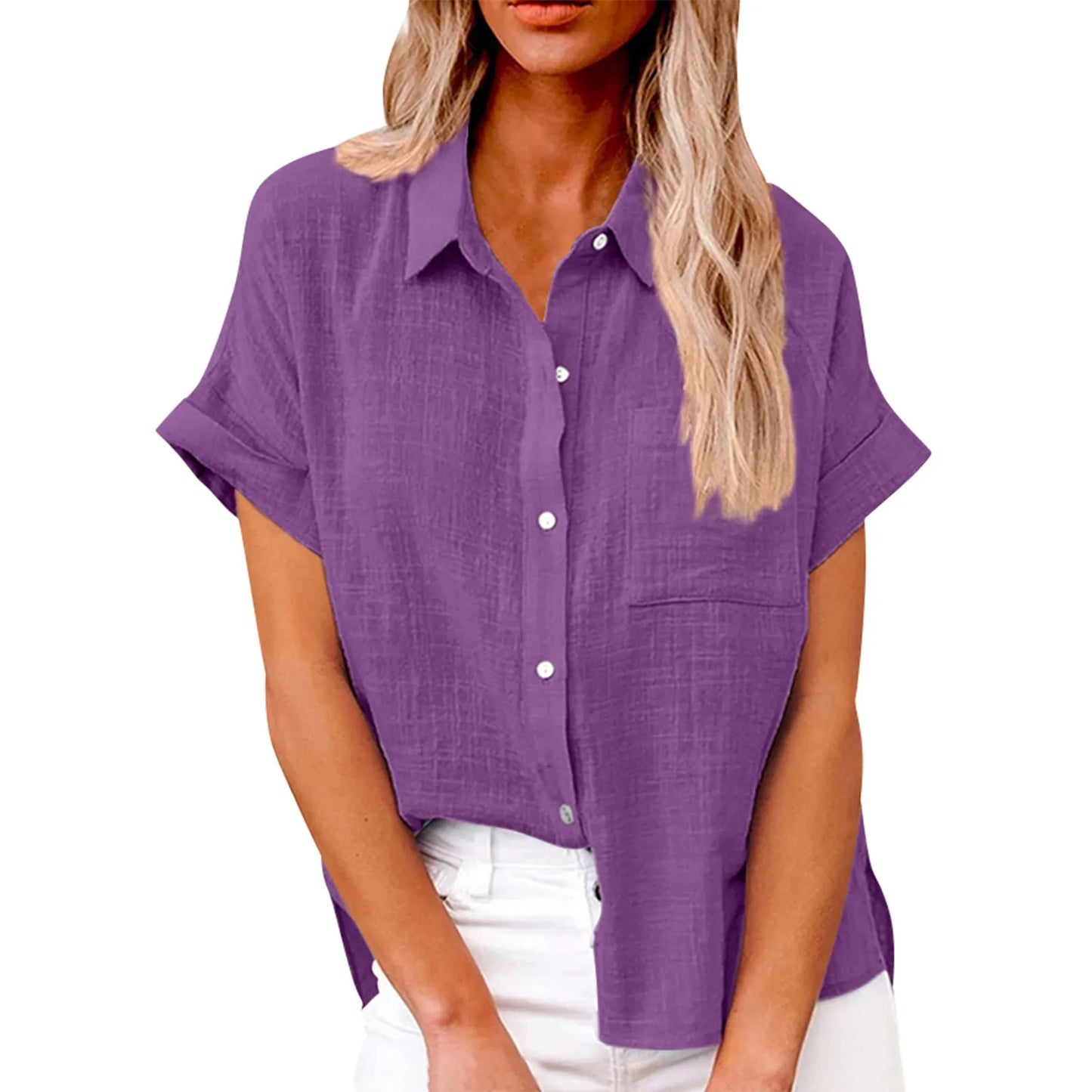Women's  Cotton Linen Classic Shirts™ Short Sleeve Lapel Button Down Shirt