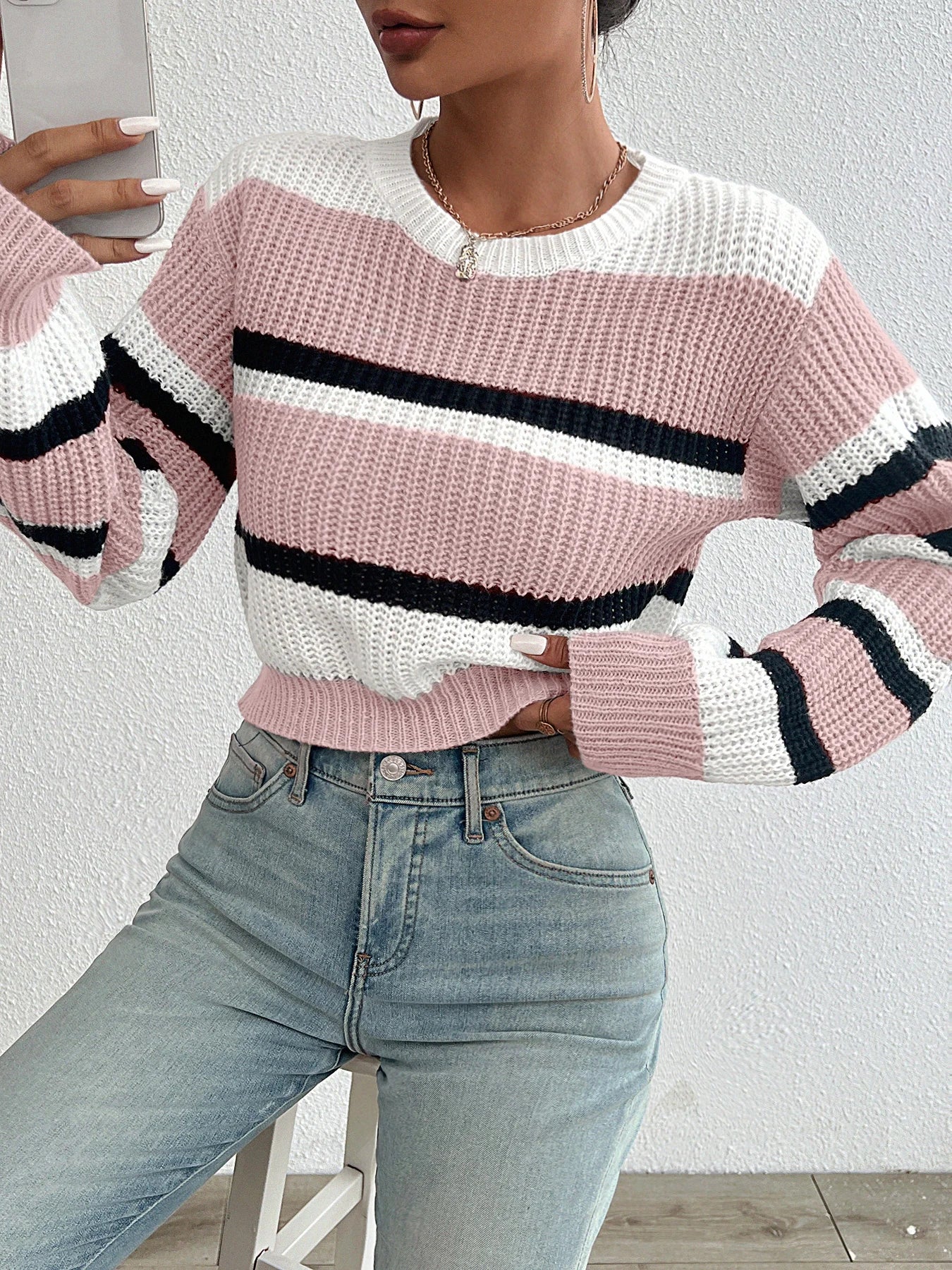 Women's loose drop shoulder round neck sweater™ color knitted long sleeve sweater