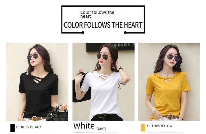 Women Short Sleeve Heart-neck T-shirt™ Half-sleeve Loose Tops