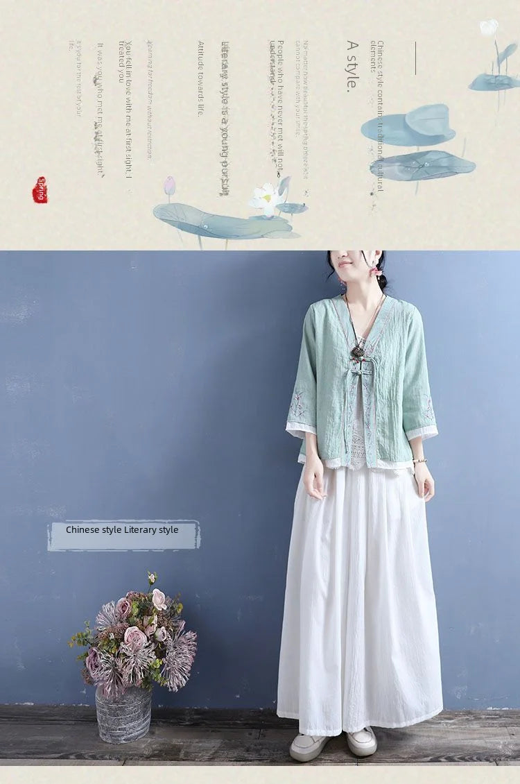 Women's V-neck Cotton Cable Knit T-shirt™ Double Button Seven Half Sleeve Vintage Cardigan