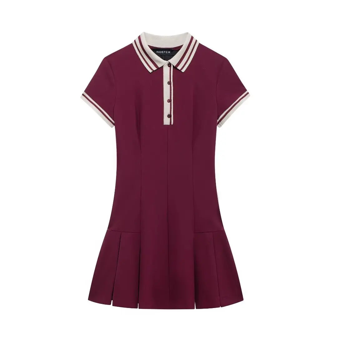 TRAFZA-Women's Burgundy Dress™ Contrasting Ribbed Lapel Buttons Classic Campus Dress