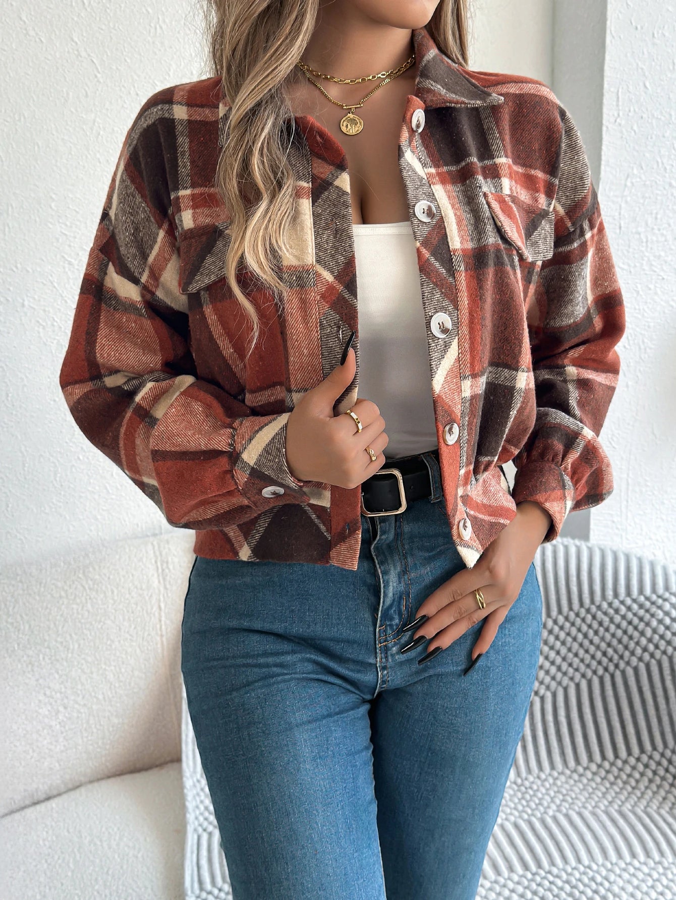 Women's Plaid Short Coat™ Lantern Long Sleeve Turn-Down Collar Button Woolen Jacket
