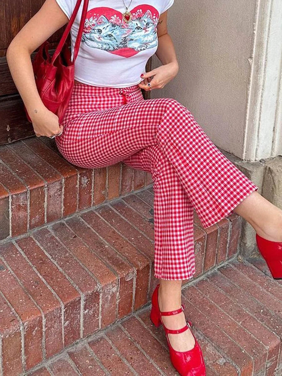 Women's Red Straight Leg Flare Pants™ High Waist Plaid Checkerboard Y2k Vintage Trousers