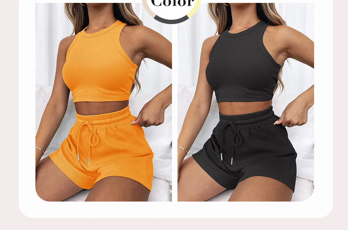 Women's Solid Waffle Textured Shorts Set™ Breathable O-Neck Crop Tank Top & Drawstring Shorts Set