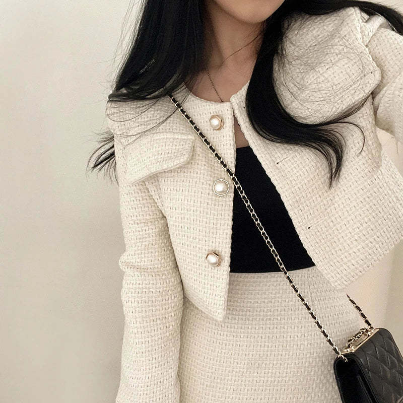 HELIAR Women's Jacket & Skirt Set™ Tweed Long Sleeve Pearl Buttons Short Jacket and A-line Mini Skirt Outfits