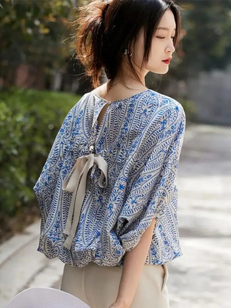 Women's Vintage Bow Bandage Print Shirts™ Korean Batwing Sleeve  Tops