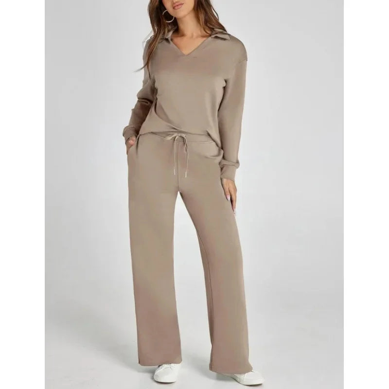 Women's 2 Piece Set™ Loose Long Sleeve V-Neck Top with Drawstring Elastic Waist Bell BottomsSet