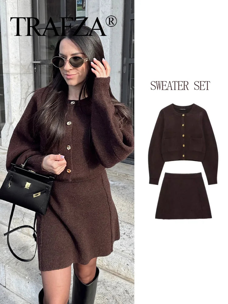 TRAFZA Women's Knitted Brown Suit™ Buttons Pocket Cardigan Sweater and  Elastic Waist Slim Mini Skirt