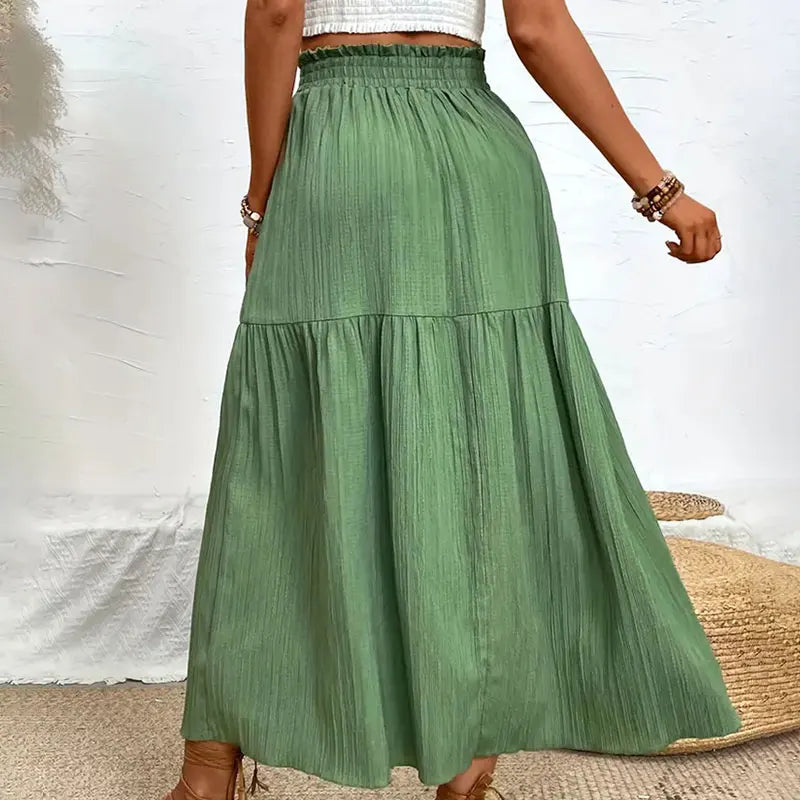 Women Bohemian Midi Skirt™ High Waist Solid A Line Ruffle Side Slit Skirts