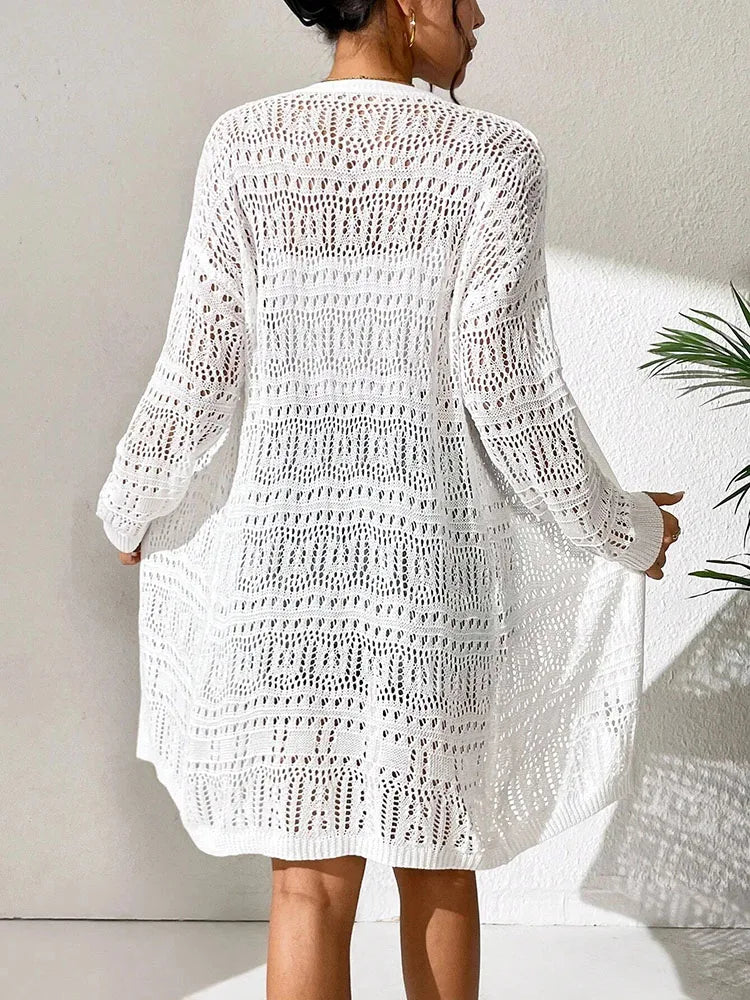 Women's solid color knitted cardigan sweater™ loose fitting fashion mid length cardigan
