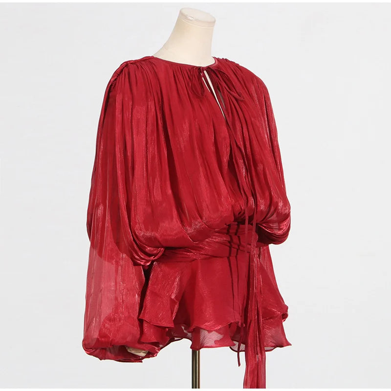 Women's Flounce Dress™ Loose V Neck Lace Up Hollow Out Lantern Sleeves Dress