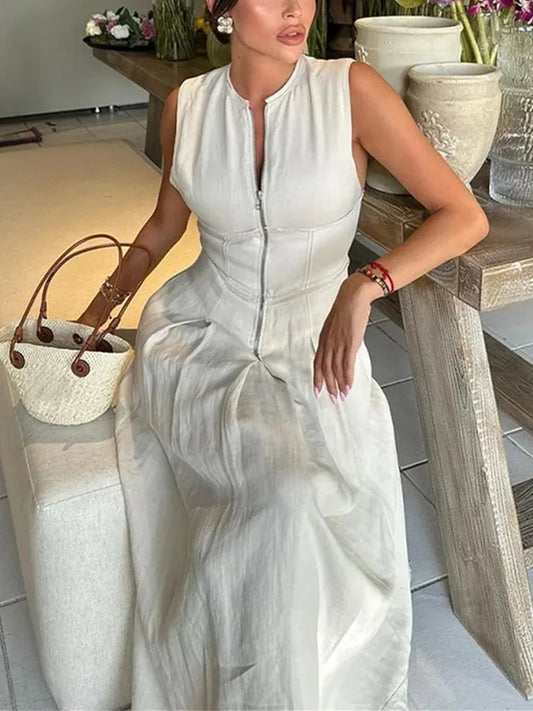 Women's TRAF Zipper Long Dress™ Pleated Sleeveless Bodycon Dress