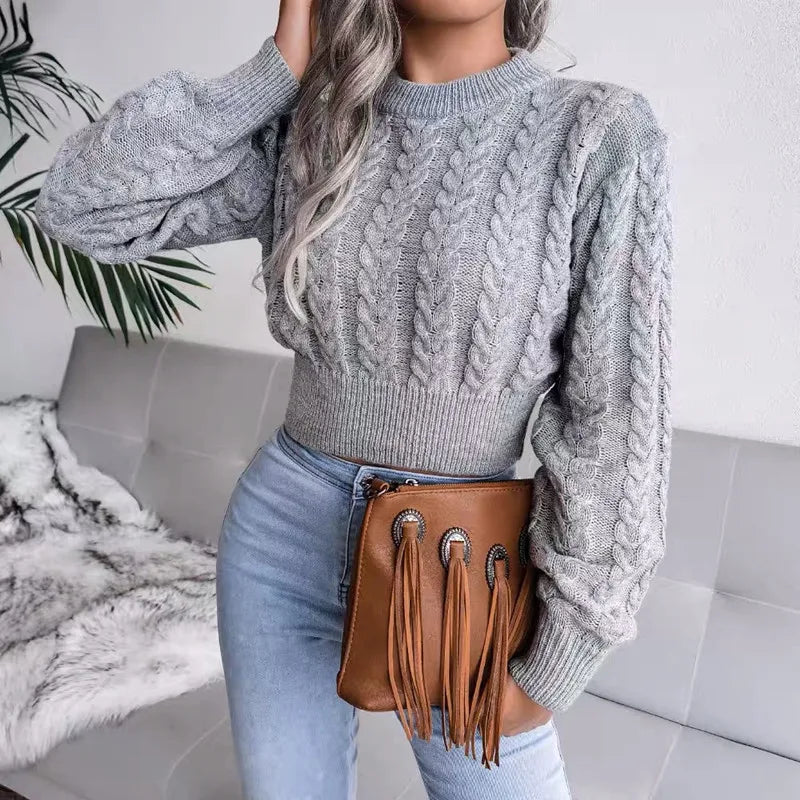 Women's Knit Sweater™ Long Sleeve Crew Neck Crop Cable Tops