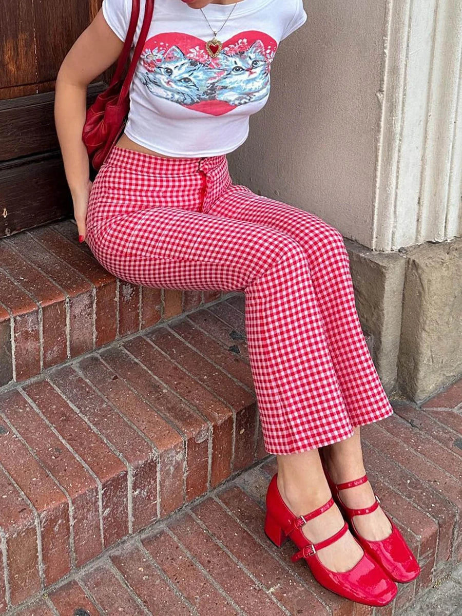 Women's Red Straight Leg Flare Pants™ High Waist Plaid Checkerboard Y2k Vintage Trousers