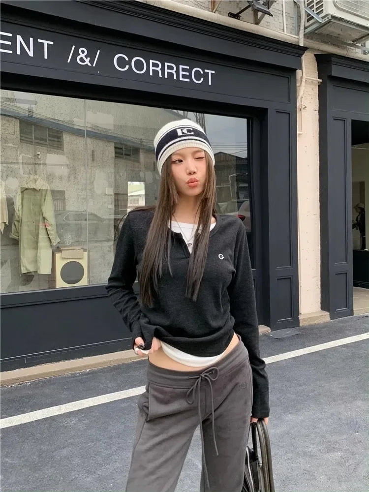 Women's T-Shirt™ Long Sleeves Korean Fashion Style O-neck Fake two items T-shirt