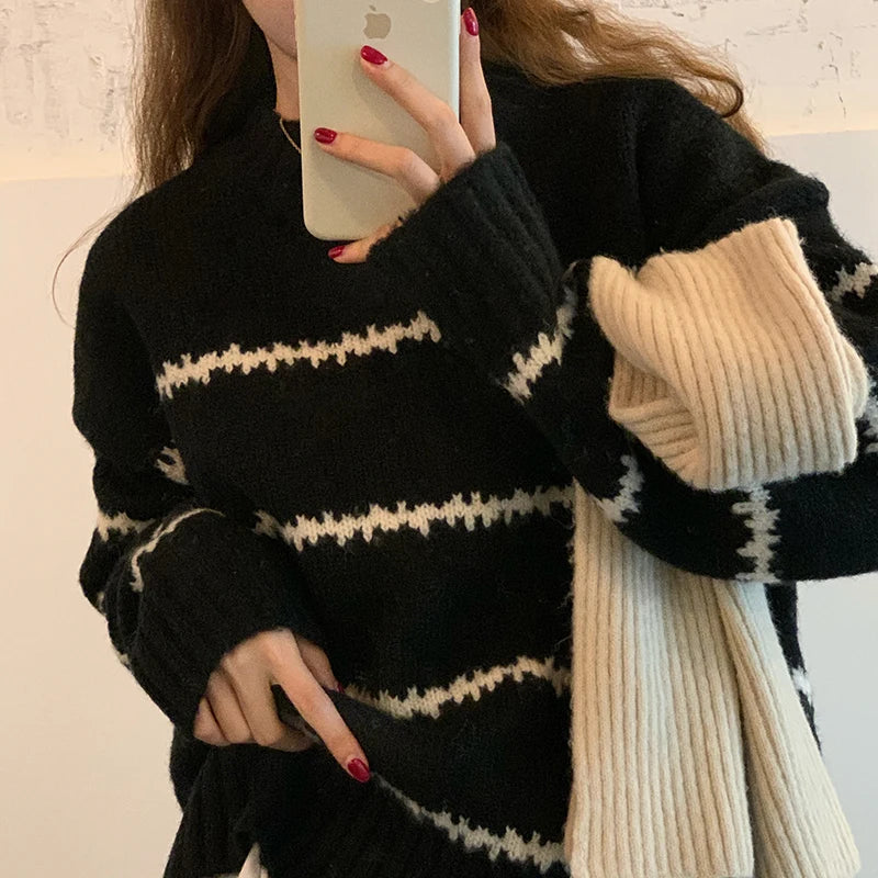 Women's Casual Pullovers™ Knitted Korean Loose Striped O-neck Long Sleeve Sweater