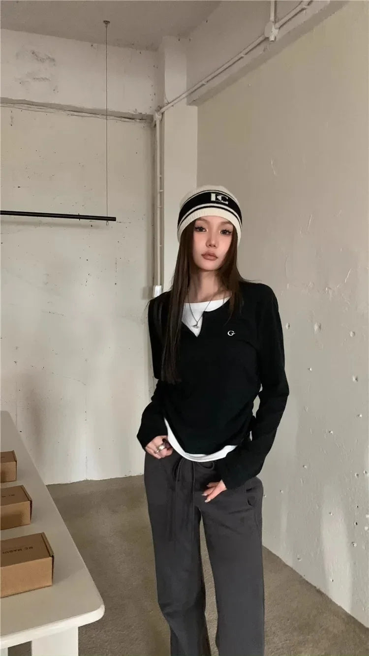 Women's T-Shirt™ Long Sleeves Korean Fashion Style O-neck Fake two items T-shirt