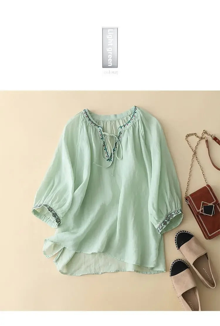 Women's Soft Cotton T-shirt™ V-neck 3/4 Sleeve Neckline Drawstring Summer Top