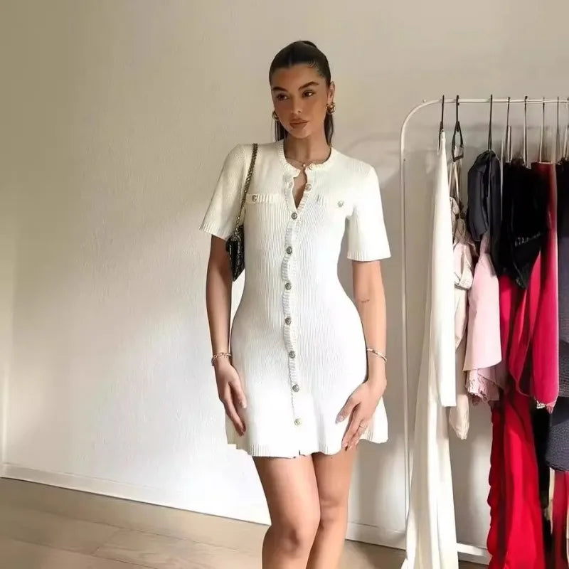 Women's Knit Dress™ Trendix Elegant Slim High Waist Short Sleeve Rib Sweater Bodycon Knitwear Dress