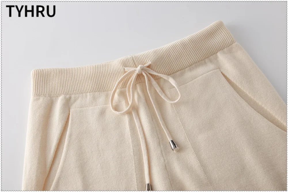 Women's tracksuit™ TYHRU Autumn Winter Knitted Striped Turtleneck Sweater and Elastic Trousers Set