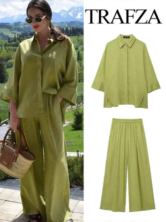 Woman's 2 Piece Set™ TRAFZA Elastic Waist Pocket Folds Decorate Wide Leg Pants Solid Single-Breasted Slit Hem Blouse Top