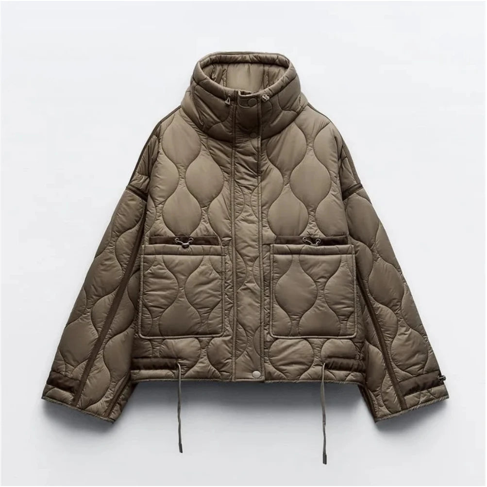 Women's Quilted Coat™ drawstring ties high neck pocket clip cotton jacket for women