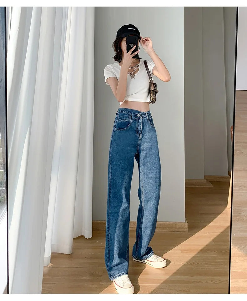 Women's Denim Jeans™ Irregular High-Waisted Wide Straight-Leg Draped Trousers