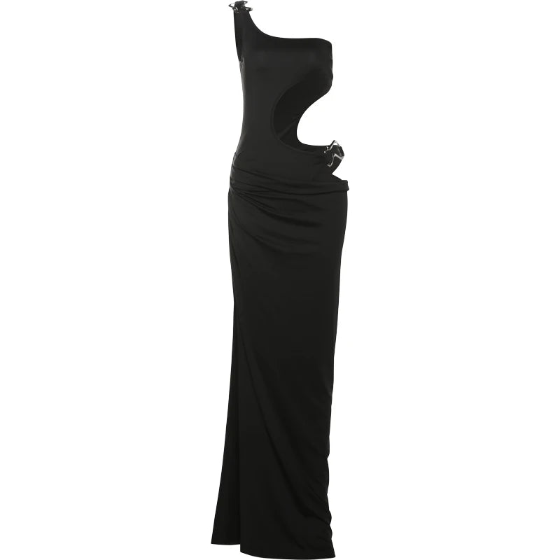 Women's Metal Buckle Dress™ Irregular Hollow Split One Shoulder Skinny Maxi Bodycon Dress