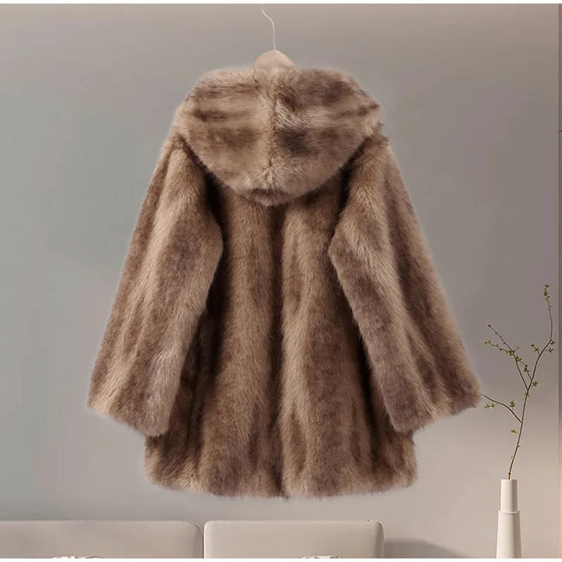 Women's Brown Faux Fur Hooded Coat™  Women Fluffy Loose Long Sleeve Furry Thick Warm Jacket